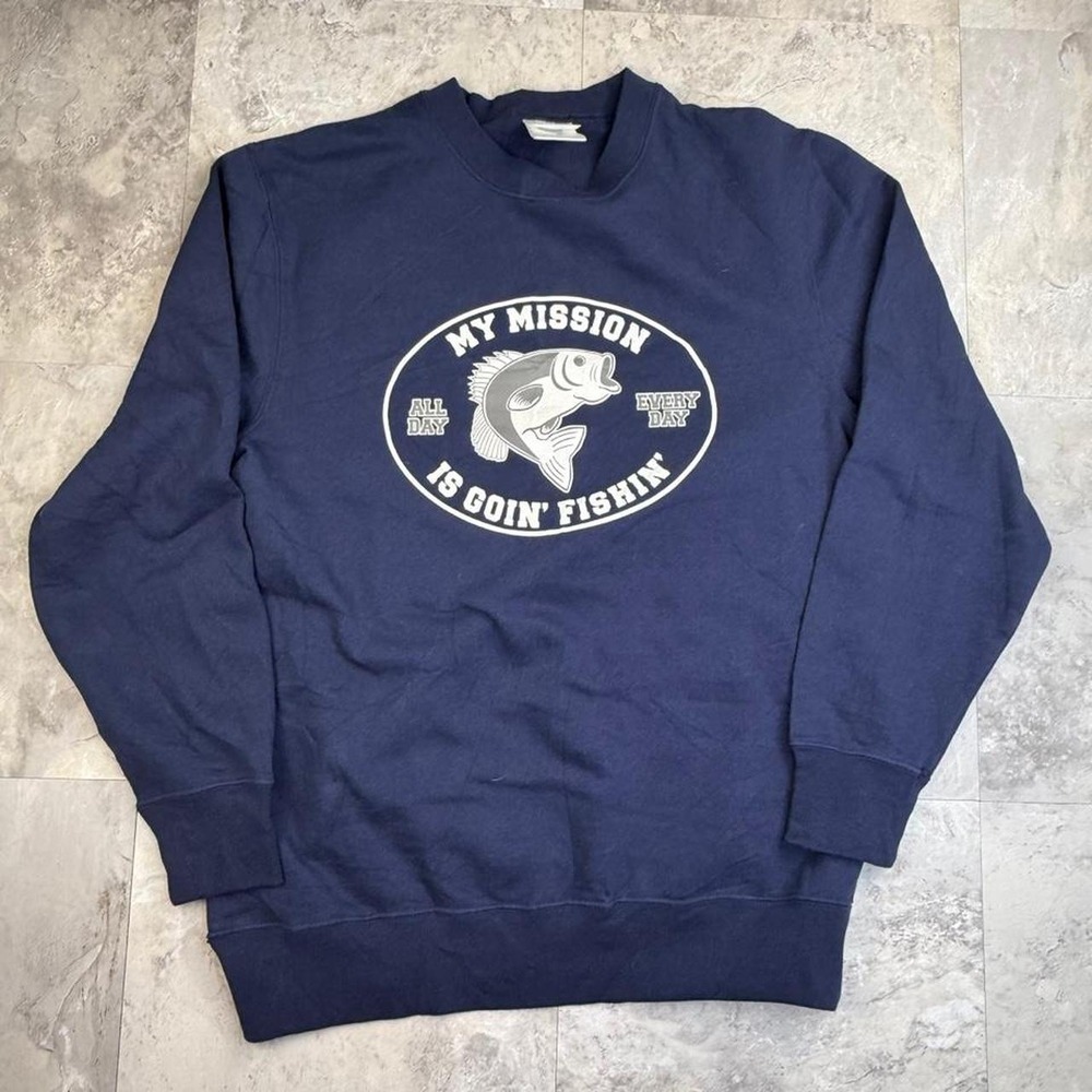 Funny 00s navy blue fishing crewneck medium